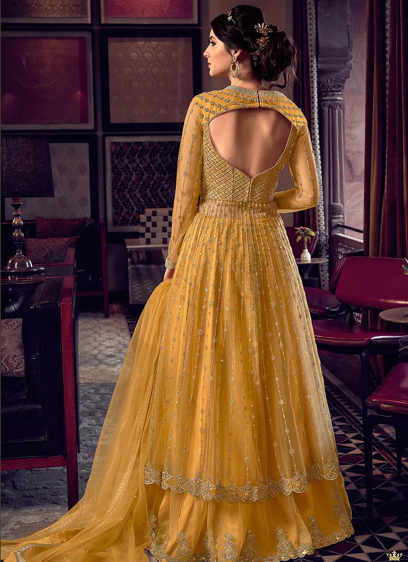 Bright Yellow Embroidered Anarkali Lehenga/Pant Suit