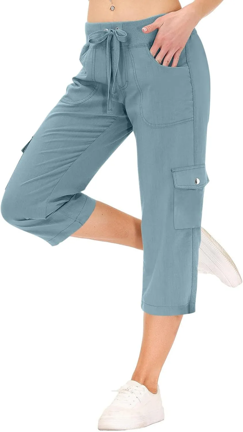 Capris for Seniors Lightweight Drawstring Waist Capri Cargo Pants Outdoor Hiking Wide Leg Cropped Pants with Pockets