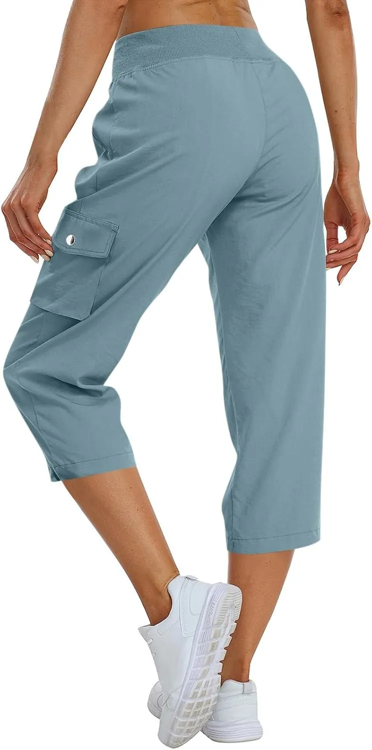 Capris for Seniors Lightweight Drawstring Waist Capri Cargo Pants Outdoor Hiking Wide Leg Cropped Pants with Pockets