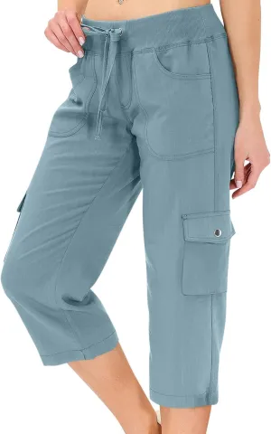 Capris for Seniors Lightweight Drawstring Waist Capri Cargo Pants Outdoor Hiking Wide Leg Cropped Pants with Pockets
