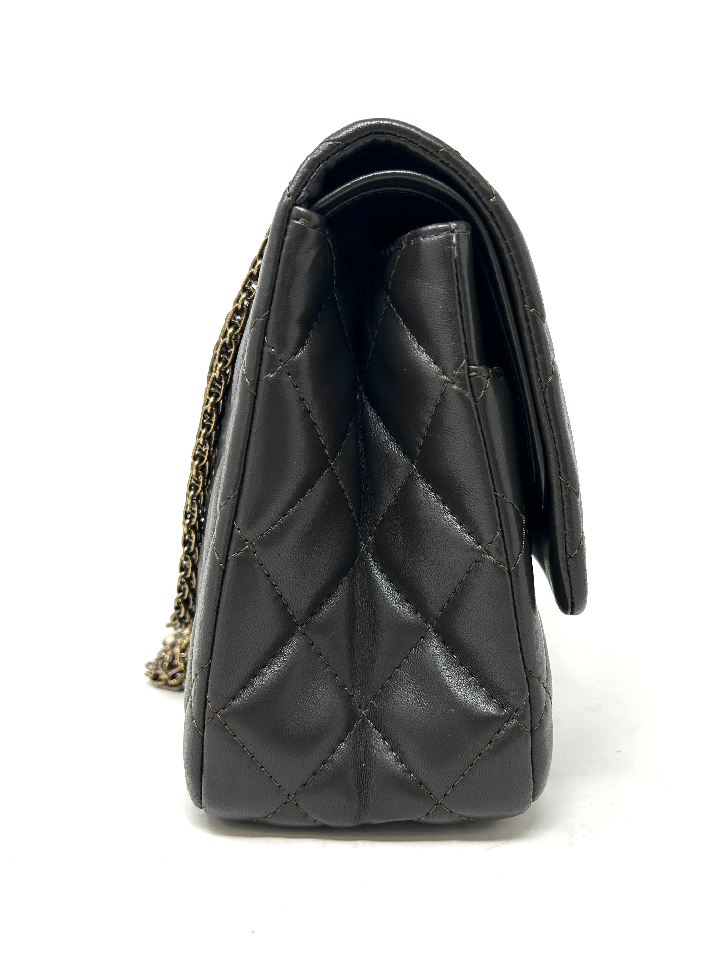 Chanel Reissue 2.55 Maxi Dark Khaki Quilted Leather Antique Gold Flap Shoulder Bag