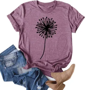 Cicy Bell Women's Dandelion Print T Shirts Cute Graphic Tees Short Sleeve Summer Cotton Tee Tops