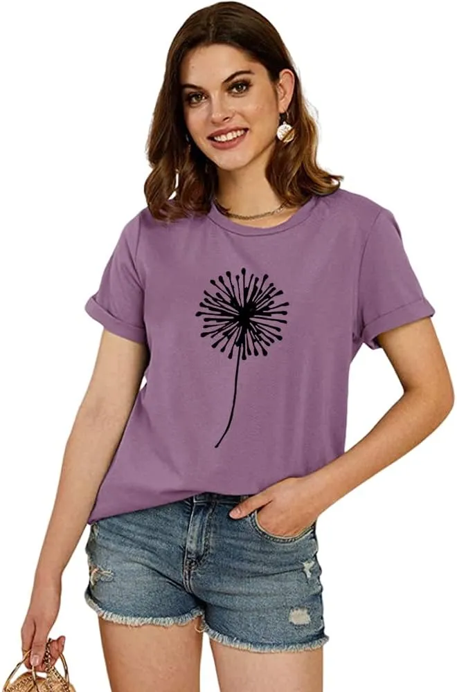 Cicy Bell Women's Dandelion Print T Shirts Cute Graphic Tees Short Sleeve Summer Cotton Tee Tops