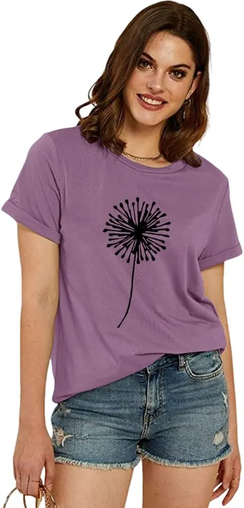 Cicy Bell Women's Dandelion Print T Shirts Cute Graphic Tees Short Sleeve Summer Cotton Tee Tops