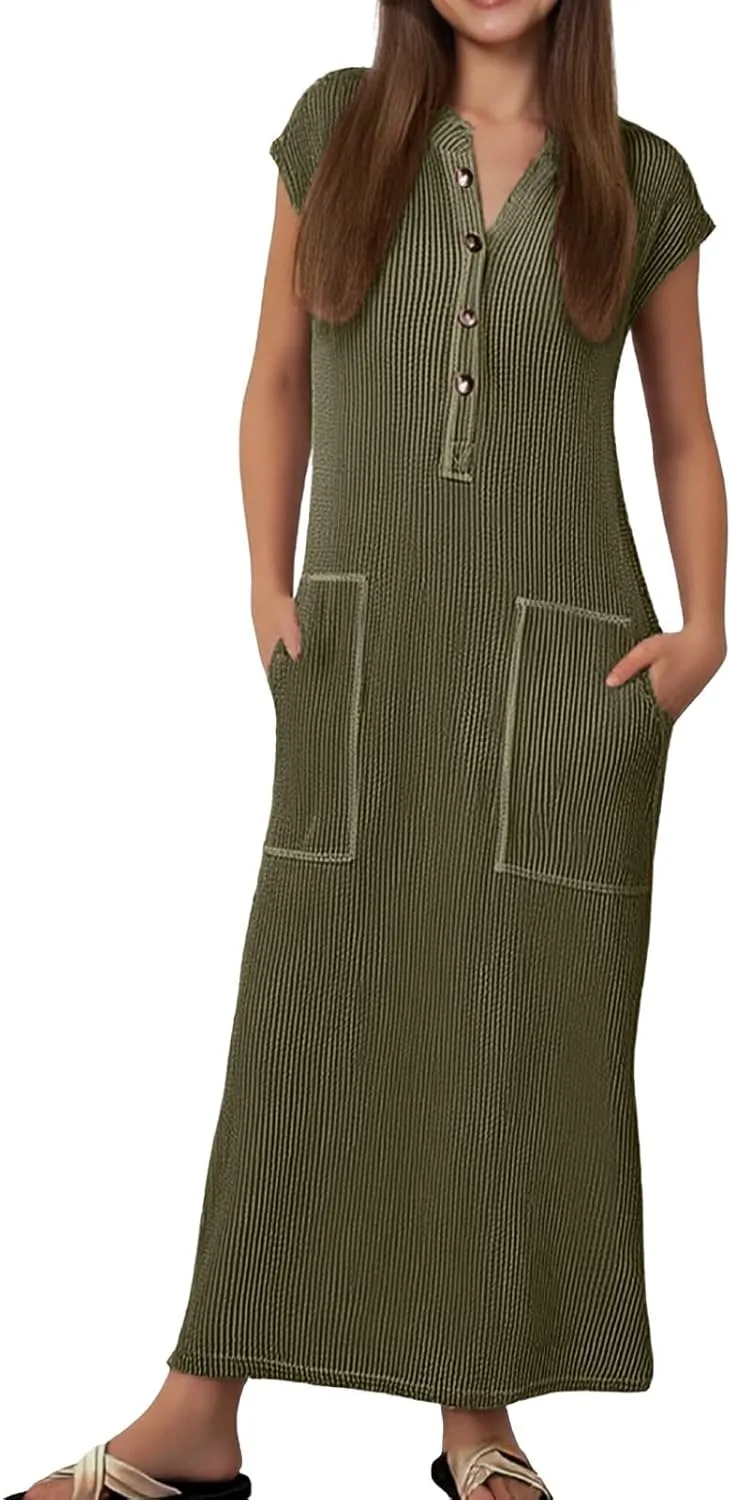 Cotton Dresses for Women 2025 Summer Vintage Maxi Short Sleeves Dress V Neck Long Dresses with Pockets Prom Sundress