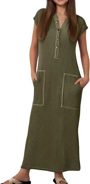 Cotton Dresses for Women 2025 Summer Vintage Maxi Short Sleeves Dress V Neck Long Dresses with Pockets Prom Sundress
