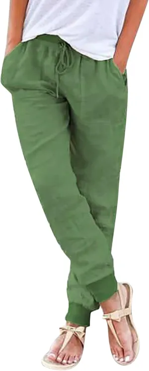Cotton Linen Pants Women Summer Elastic High Waist Casual Yoga Pants Comfy Lightweight Tapered Joggers with Pockets