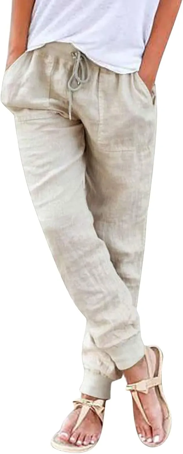 Cotton Linen Pants Women Summer Elastic High Waist Casual Yoga Pants Comfy Lightweight Tapered Joggers with Pockets