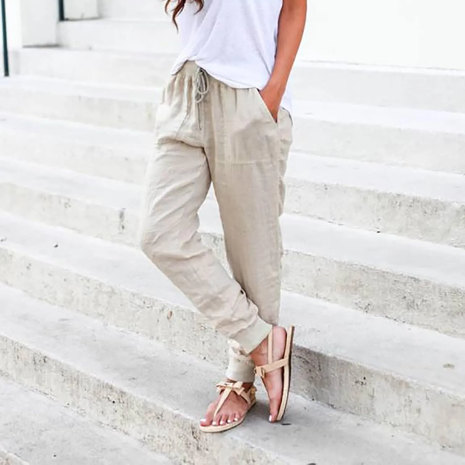 Cotton Linen Pants Women Summer Elastic High Waist Casual Yoga Pants Comfy Lightweight Tapered Joggers with Pockets