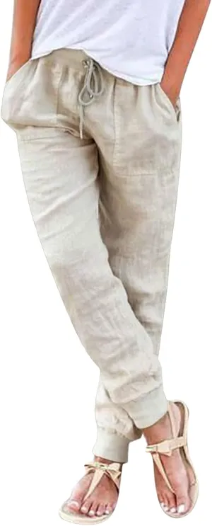 Cotton Linen Pants Women Summer Elastic High Waist Casual Yoga Pants Comfy Lightweight Tapered Joggers with Pockets