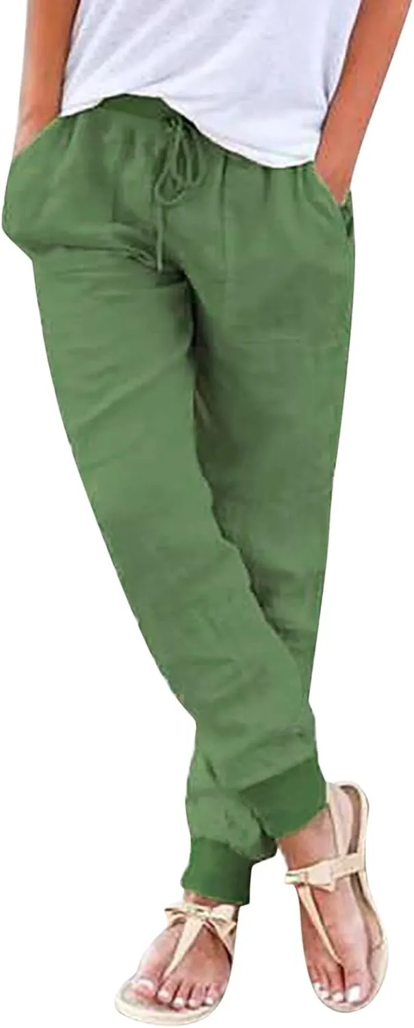 Cotton Linen Pants Women Summer Elastic High Waist Casual Yoga Pants Comfy Lightweight Tapered Joggers with Pockets