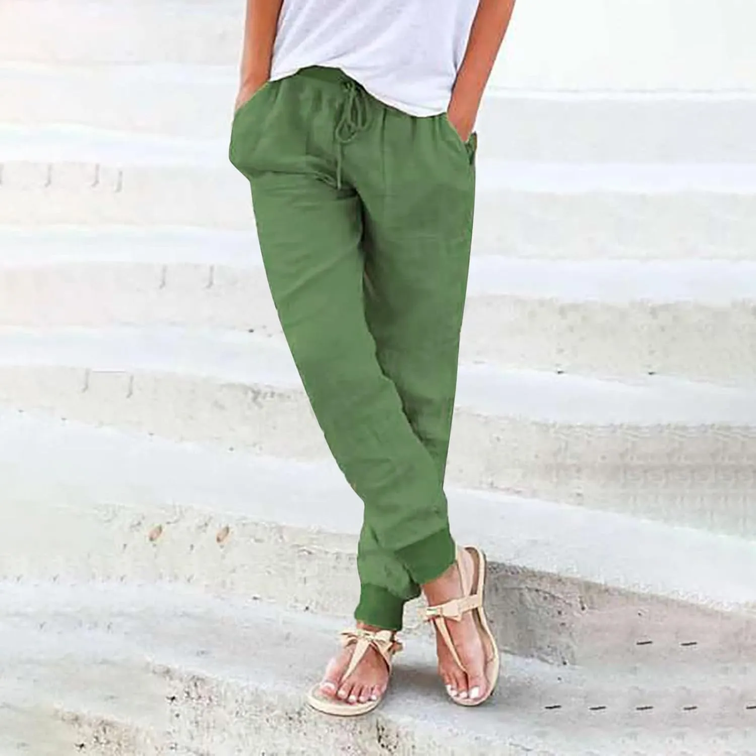 Cotton Linen Pants Women Summer Elastic High Waist Casual Yoga Pants Comfy Lightweight Tapered Joggers with Pockets