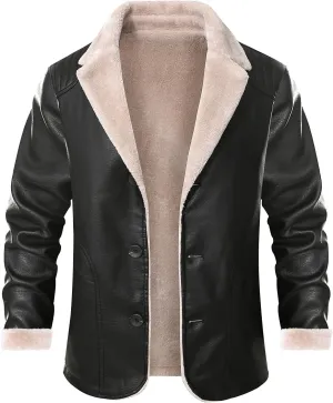 crazynekos Men's Stand Collar Fleece Lined Bomber Faux Leather Jacket Winter Warm Coat