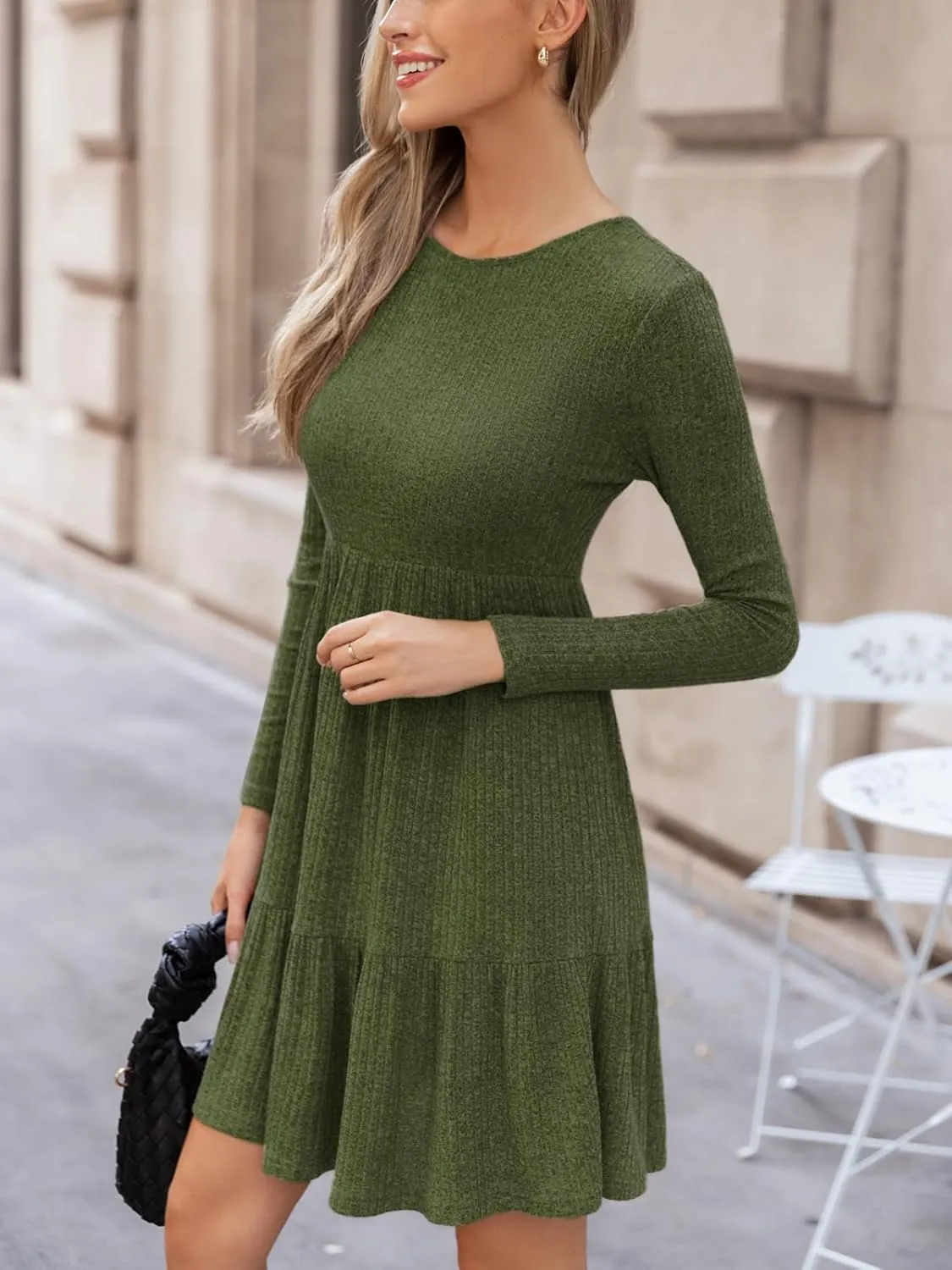 CUPSHE Fall Dress for Women 2025 Casual Round Neck Long Sleeve Knit Ruffled Fitted A Line Mini Spring Sweater Dress