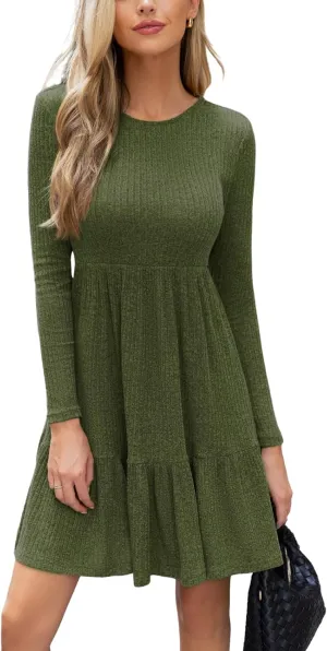 CUPSHE Fall Dress for Women 2025 Casual Round Neck Long Sleeve Knit Ruffled Fitted A Line Mini Spring Sweater Dress