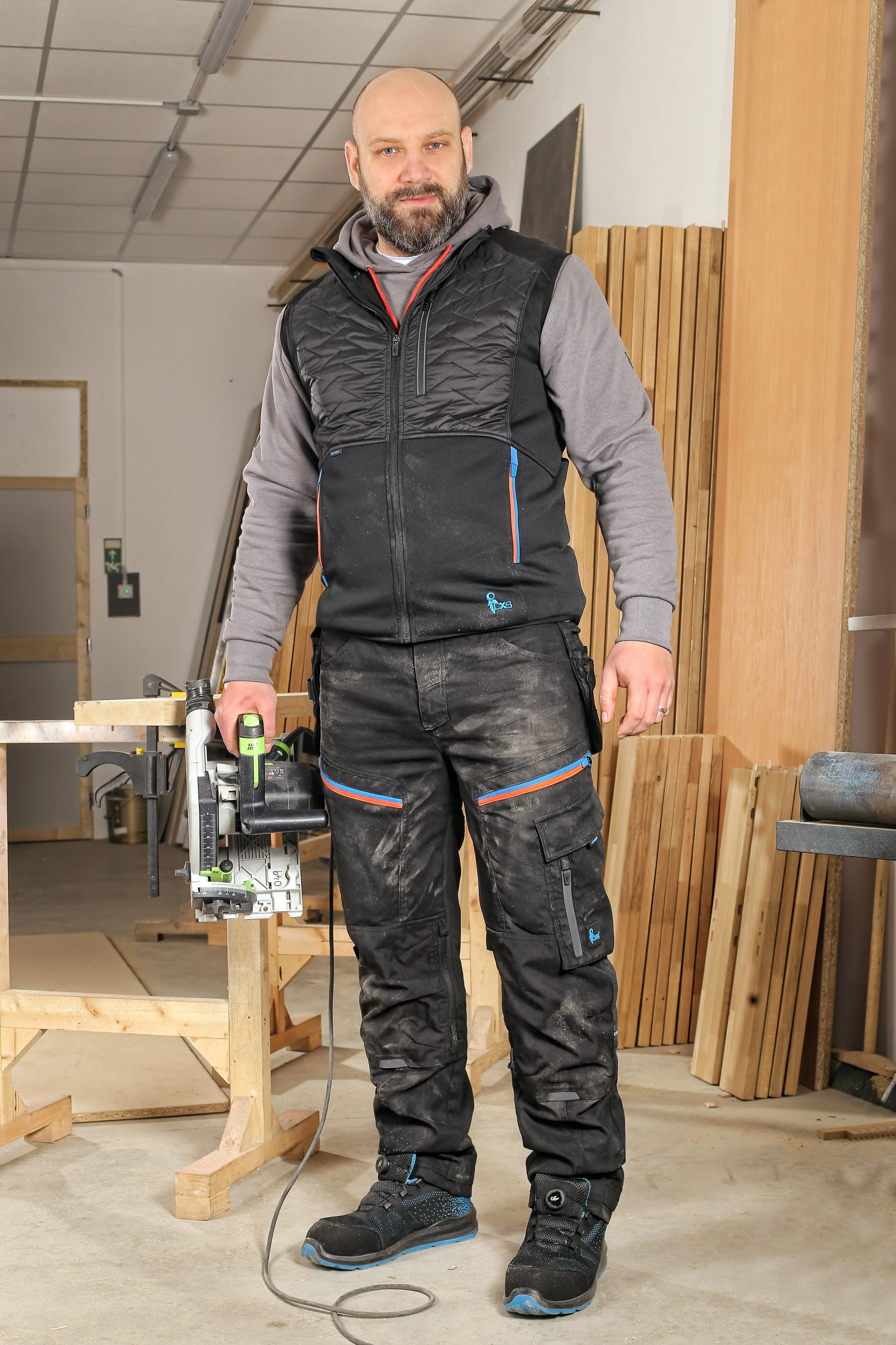 CXS LEONIS, MEN'S, WORK PANTS, BLACK WITH BLUE/RED ACCESSORIES