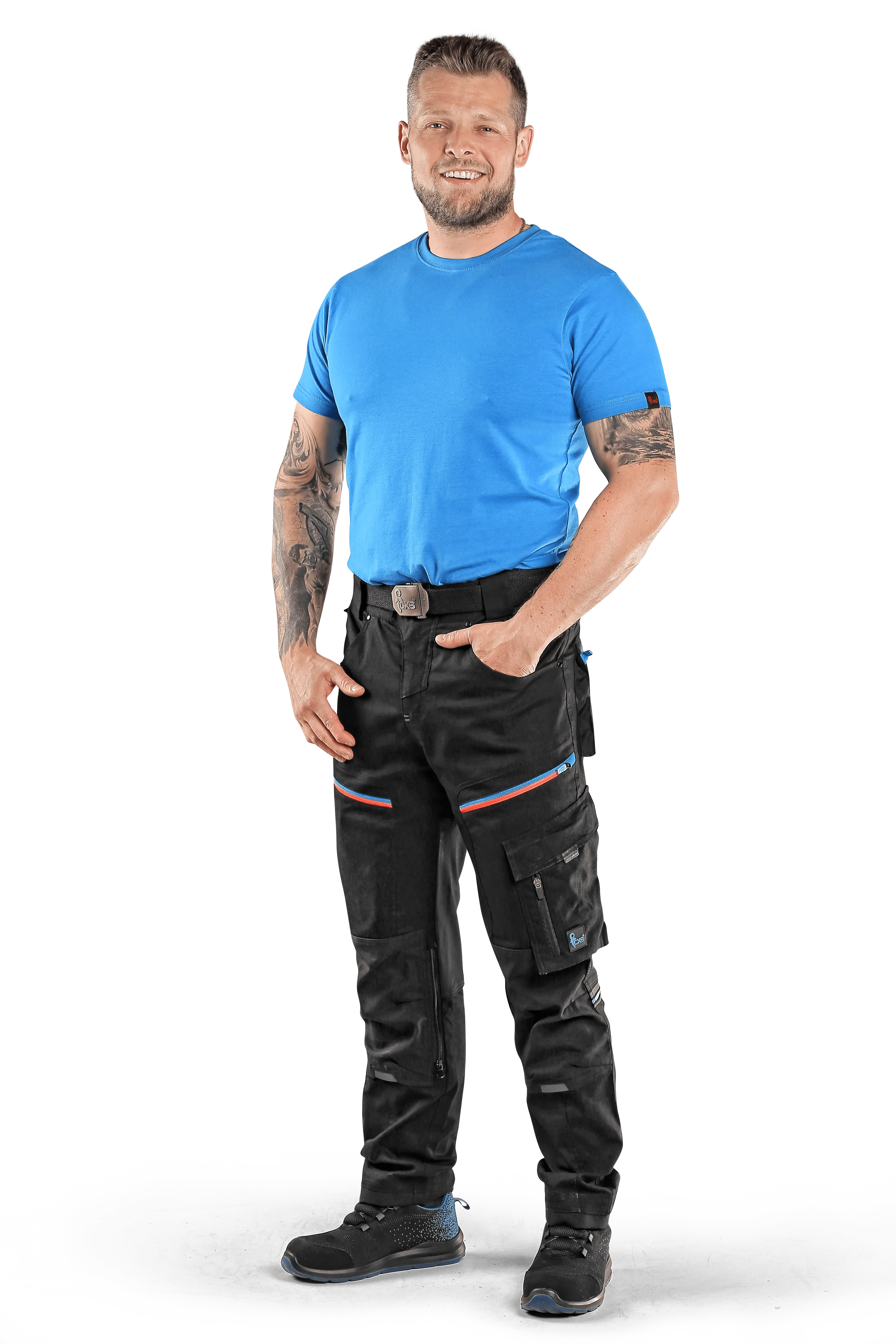 CXS LEONIS, MEN'S, WORK PANTS, BLACK WITH BLUE/RED ACCESSORIES