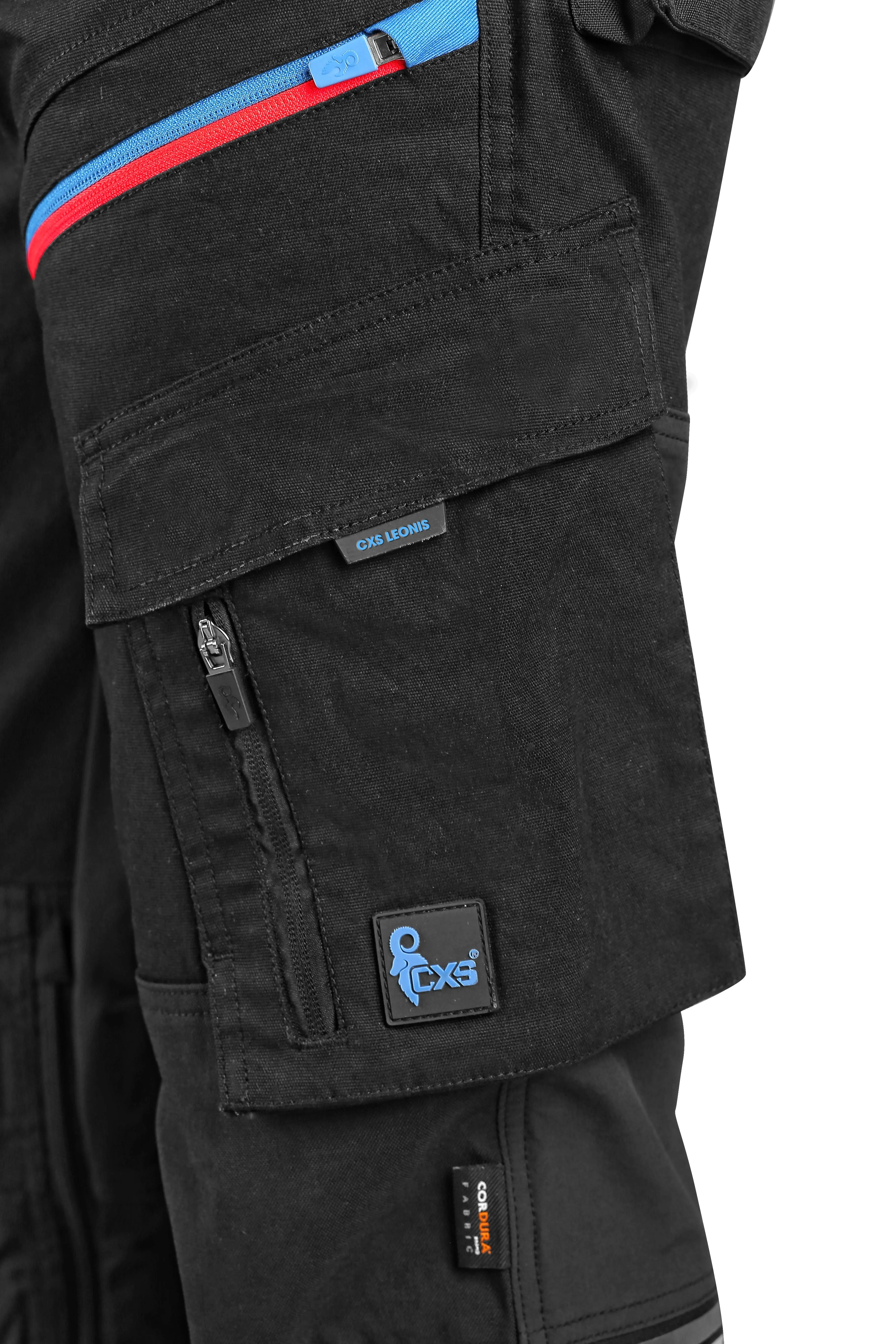 CXS LEONIS, MEN'S, WORK PANTS, BLACK WITH BLUE/RED ACCESSORIES