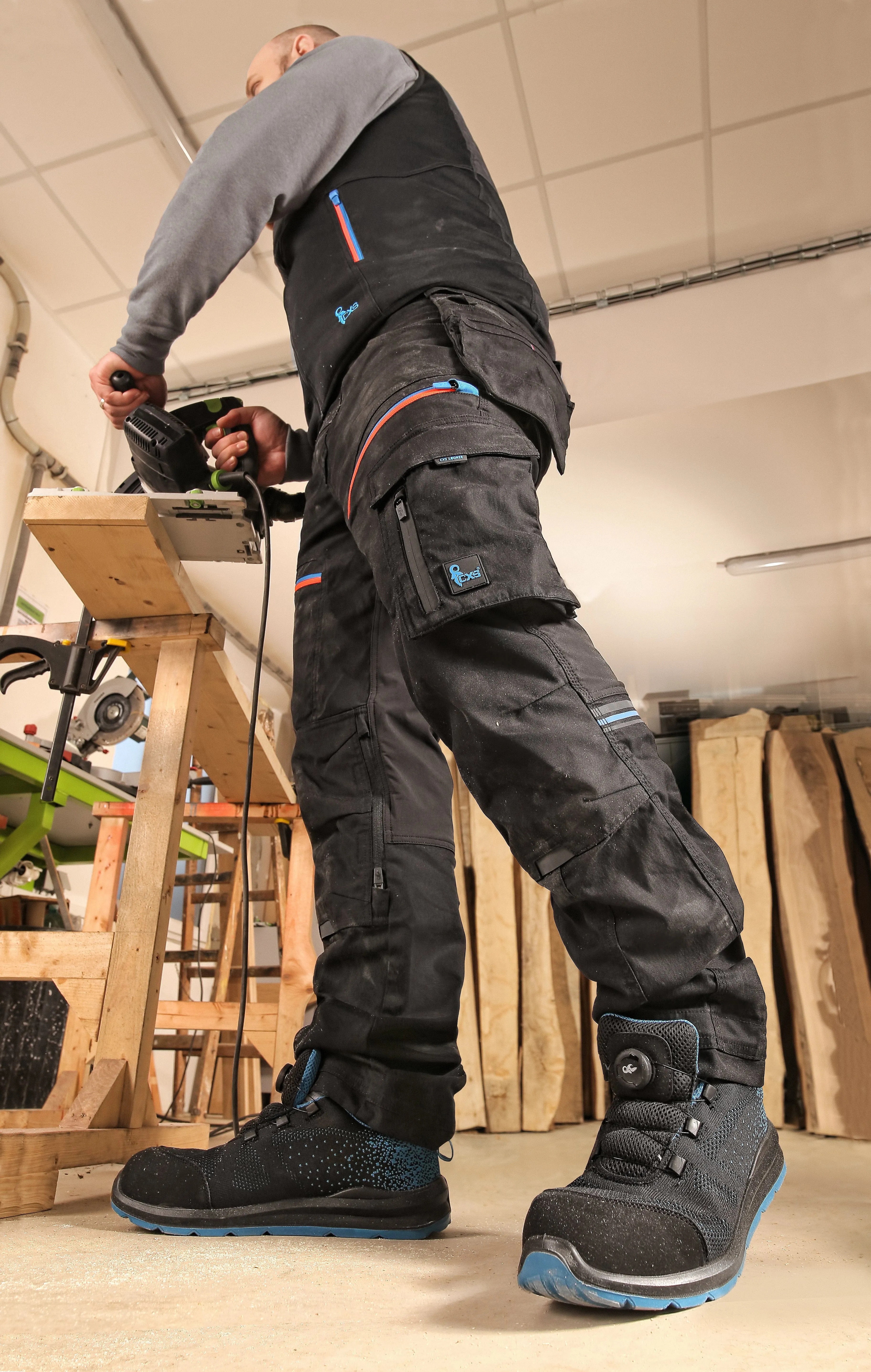 CXS LEONIS, MEN'S, WORK PANTS, BLACK WITH BLUE/RED ACCESSORIES