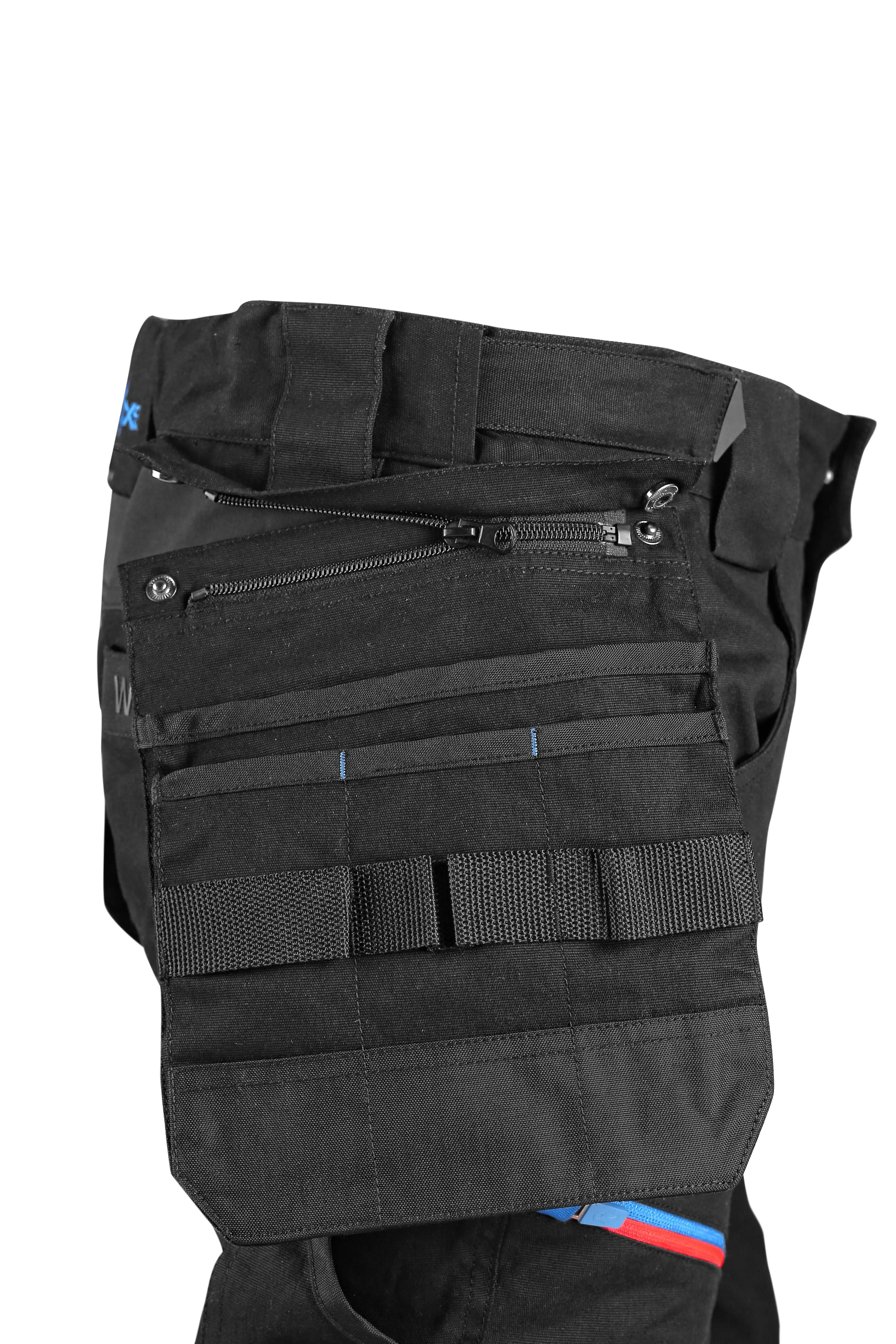 CXS LEONIS, MEN'S, WORK PANTS, BLACK WITH BLUE/RED ACCESSORIES