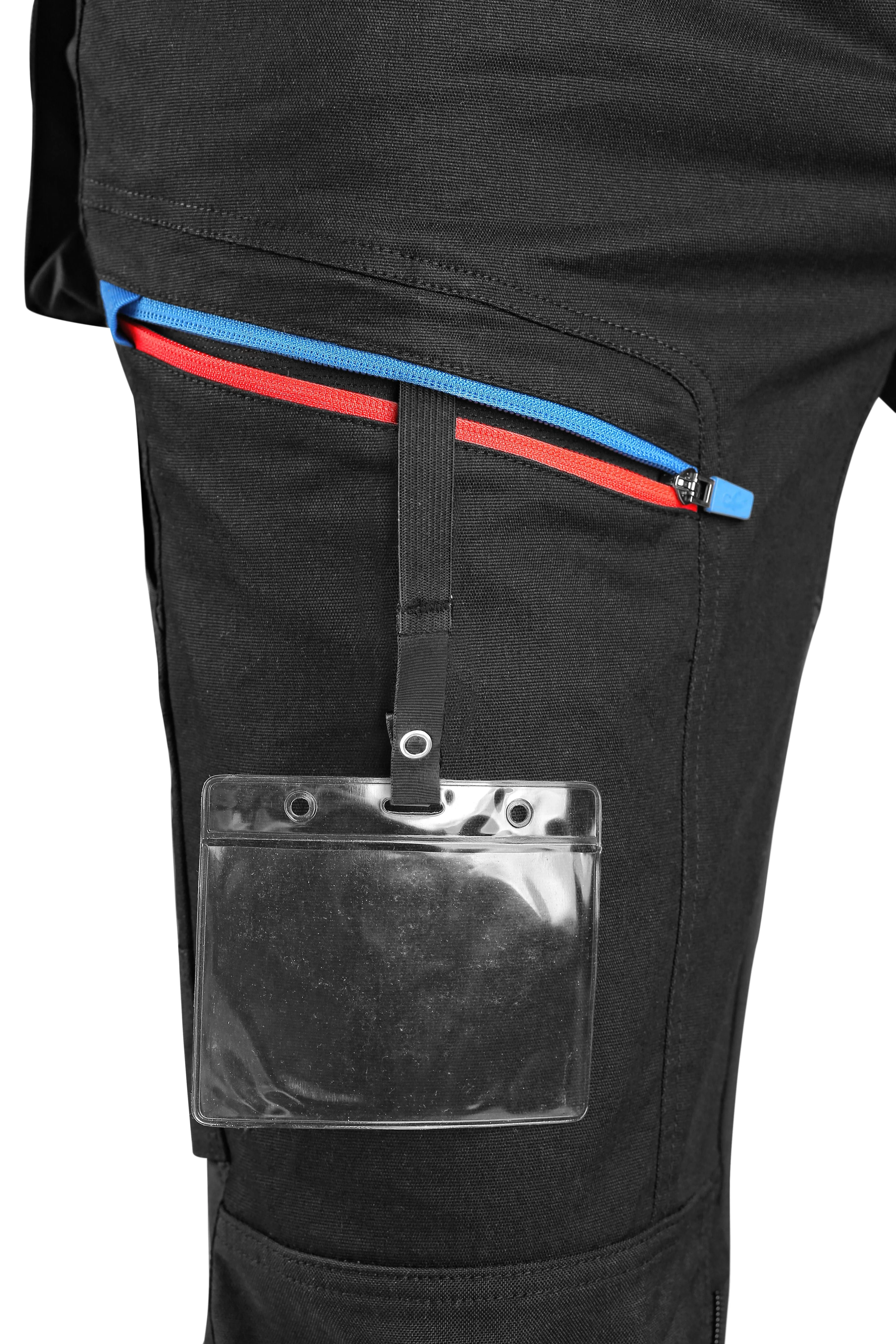 CXS LEONIS, MEN'S, WORK PANTS, BLACK WITH BLUE/RED ACCESSORIES