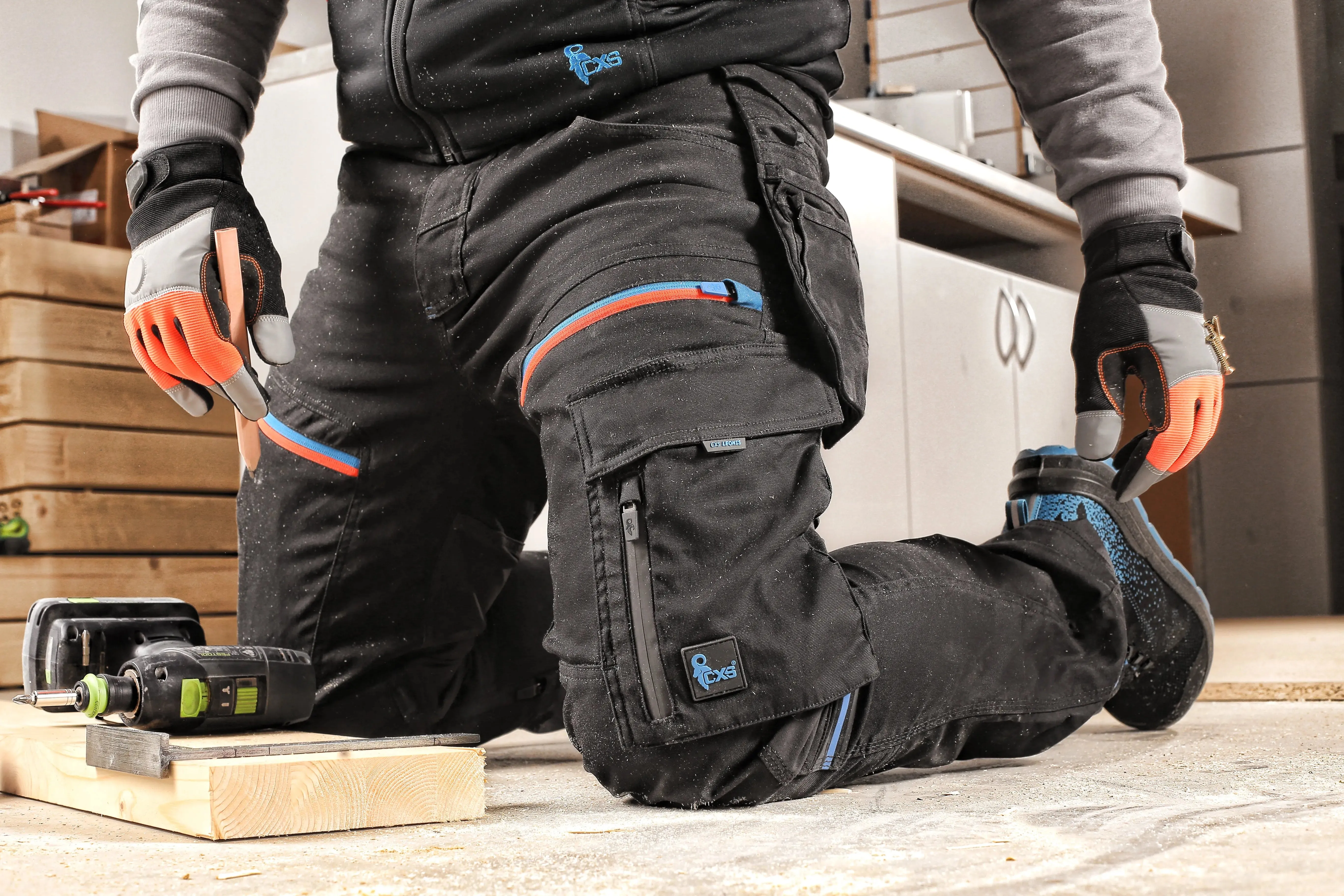 CXS LEONIS, MEN'S, WORK PANTS, BLACK WITH BLUE/RED ACCESSORIES