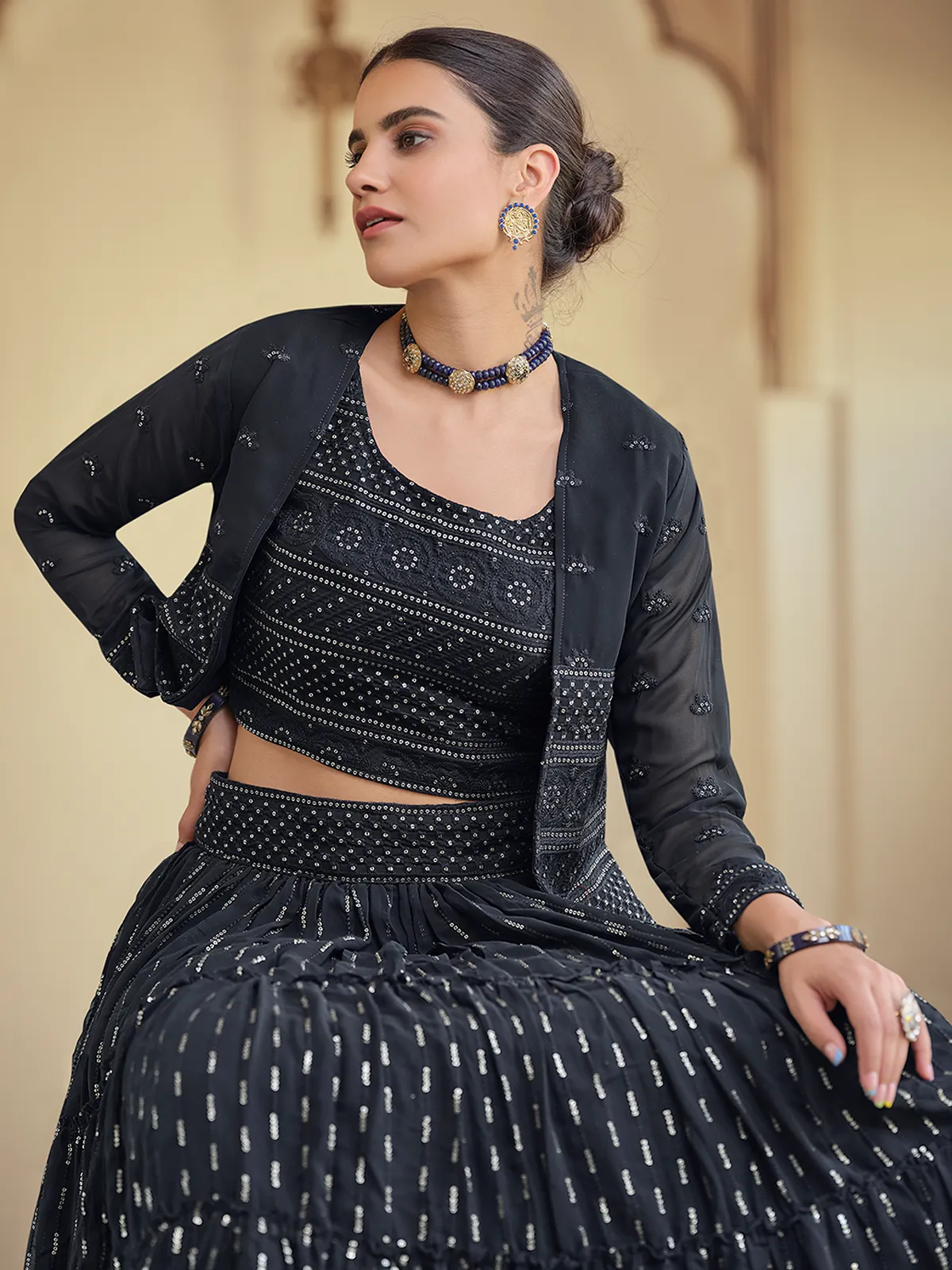 Dark Blue Embroidered Georgette Semi Stitched Lehenga With Unstitched Blouse