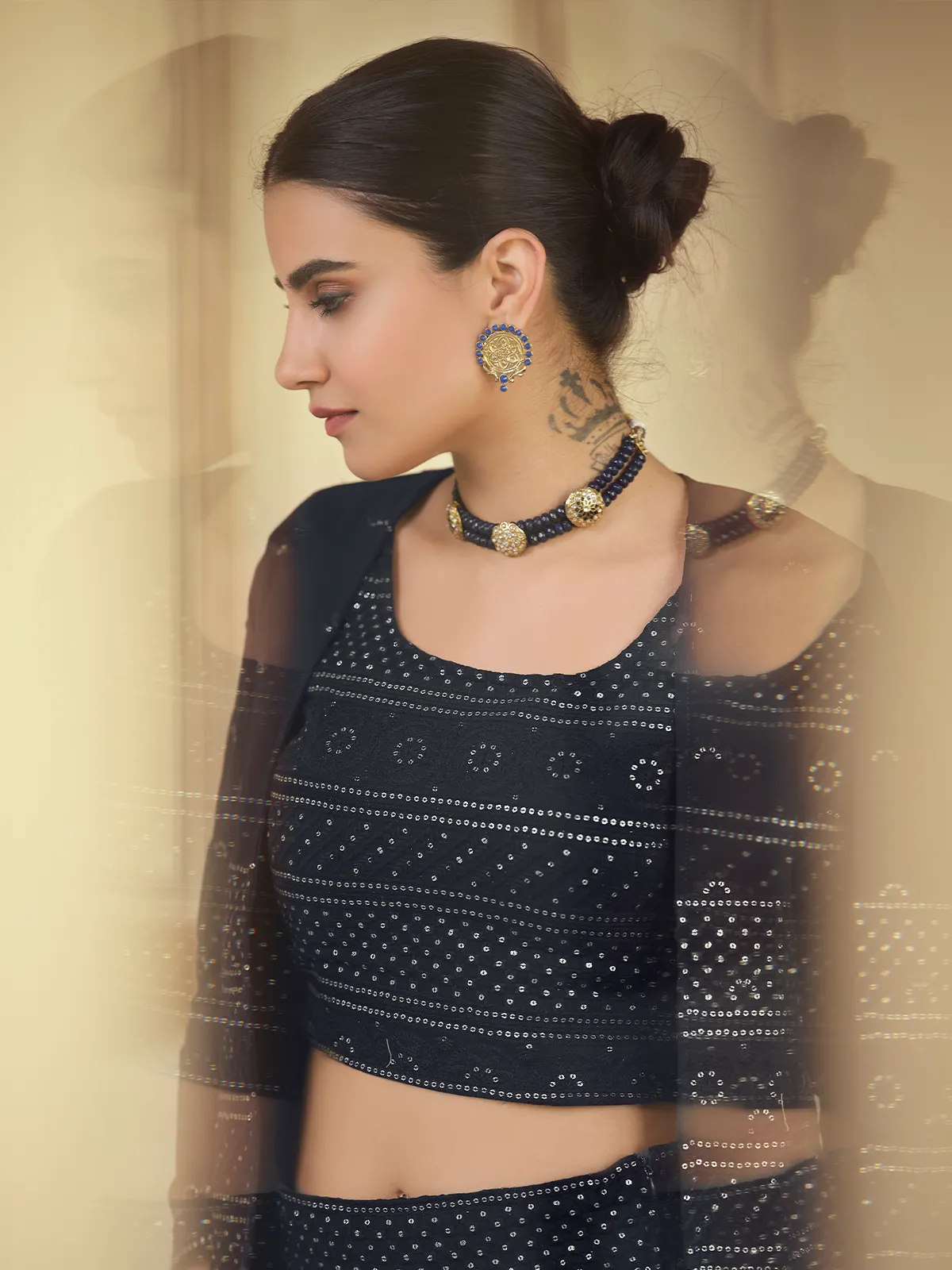 Dark Blue Embroidered Georgette Semi Stitched Lehenga With Unstitched Blouse