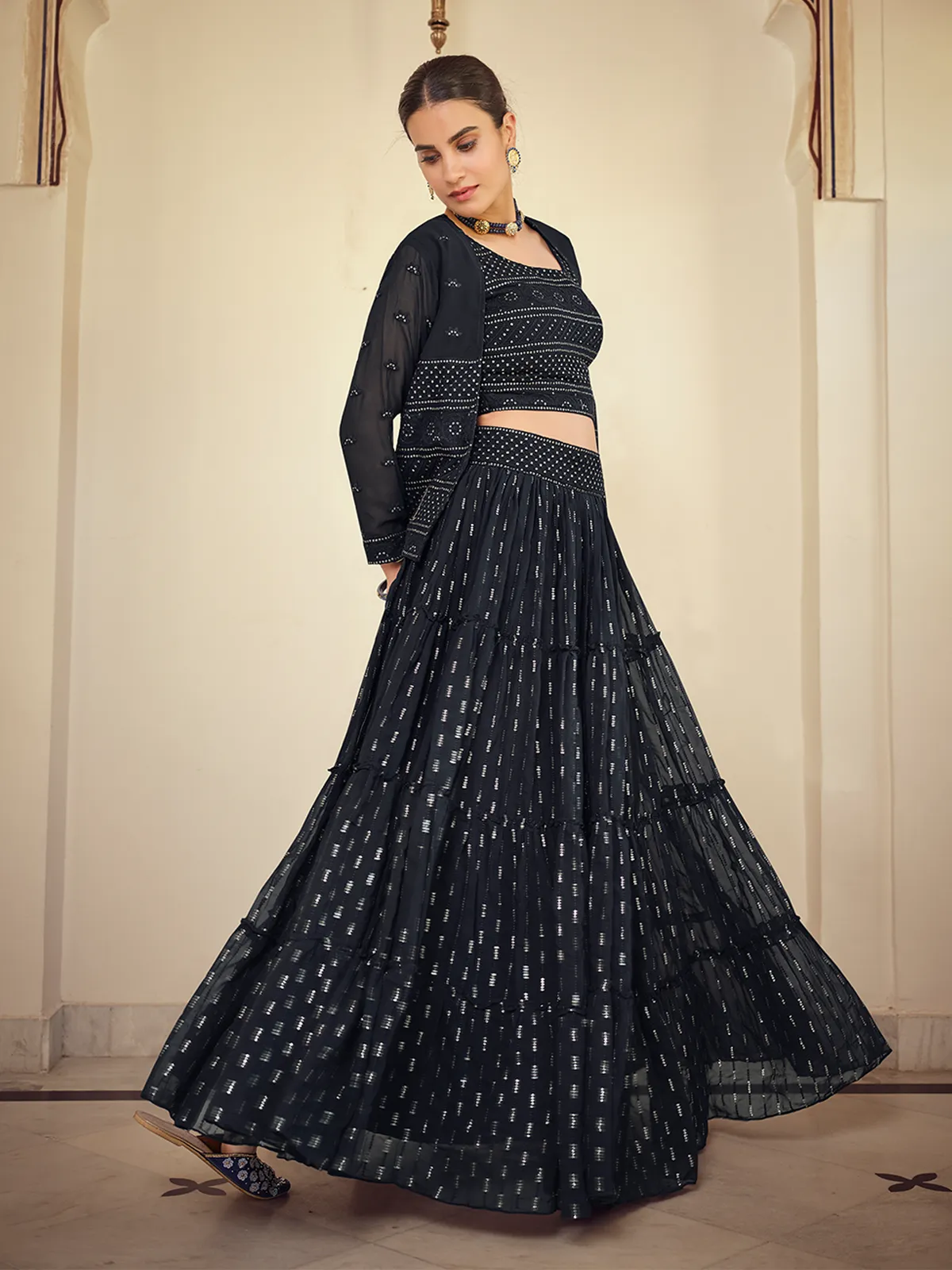 Dark Blue Embroidered Georgette Semi Stitched Lehenga With Unstitched Blouse