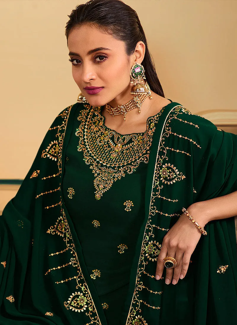 Dark Green Embroidered Pakistani Pant Style Suit