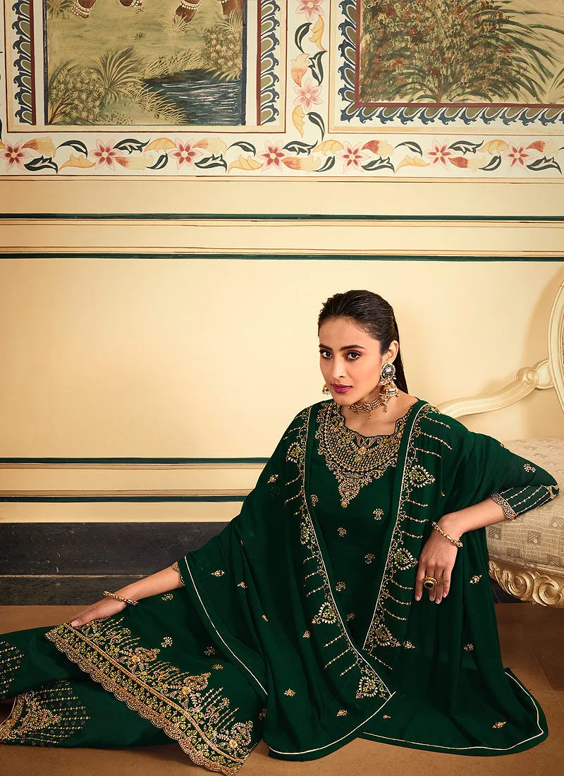 Dark Green Embroidered Pakistani Pant Style Suit