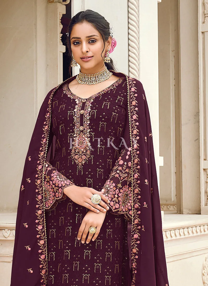 Deep Wine Multi Embroidered Pakistani Pant Style Suit