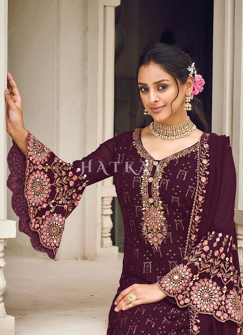 Deep Wine Multi Embroidered Pakistani Pant Style Suit