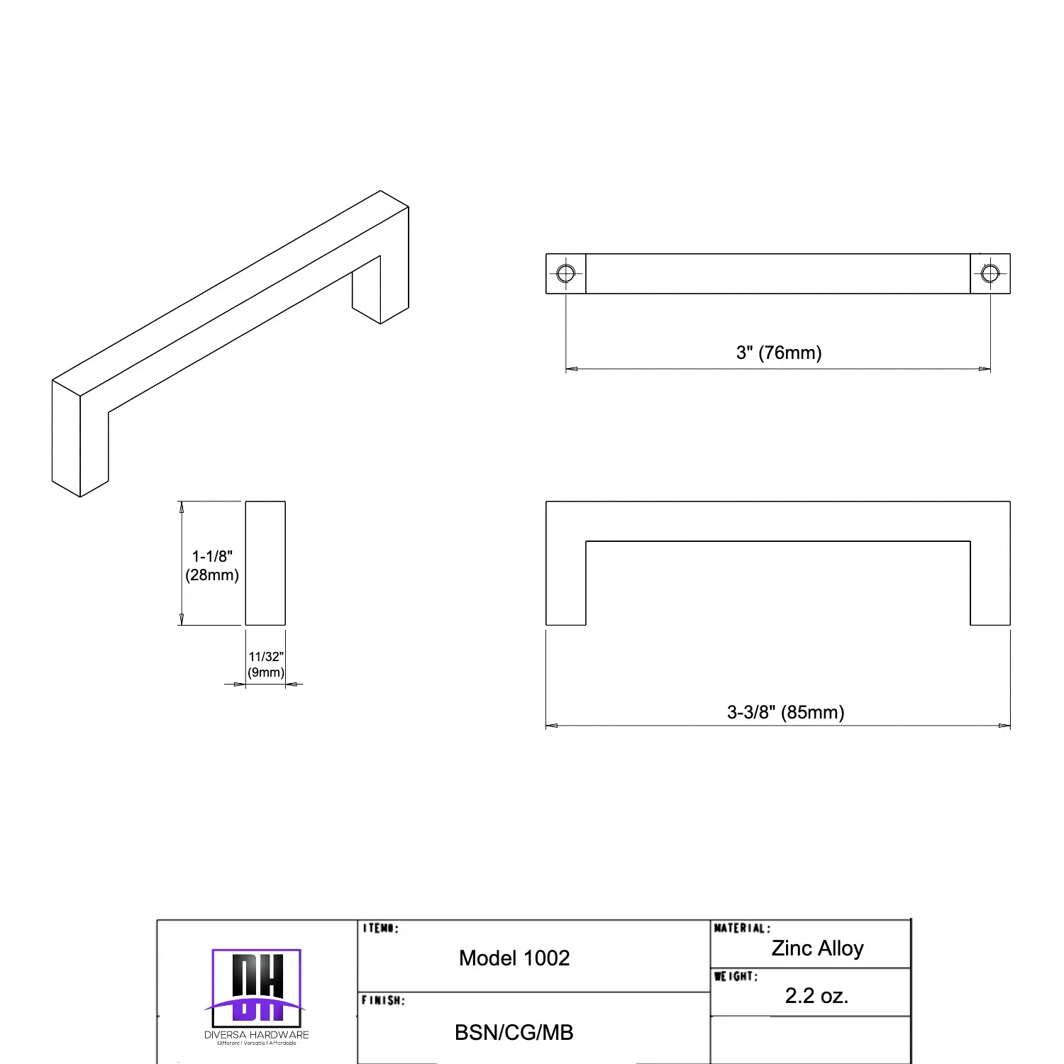 Diversa Matte Black 3" (76mm) Square Edge Solid Cabinet Bar Pull