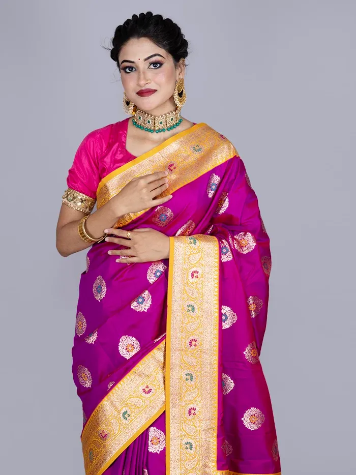 Elegant Red Violet Par Anchal Buti Katan Silk Saree