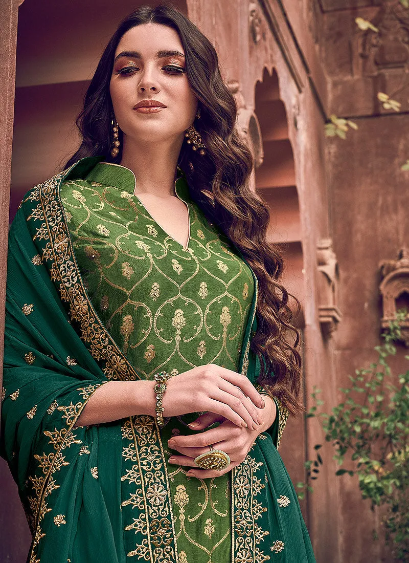 Green Designer Embroidered Palazzo Suit