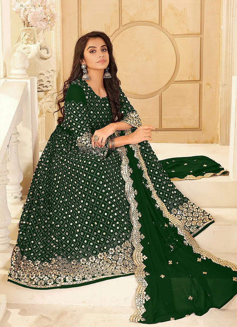 Green Foil Mirror Embroidered Afghani Style Anarkali
