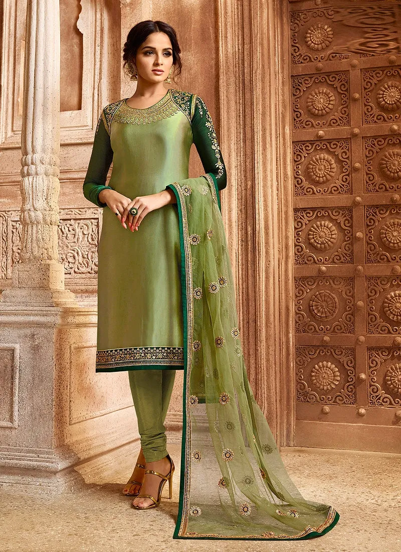 Green Two Tone Dual Bottom Lehenga/Pant Kurti Set