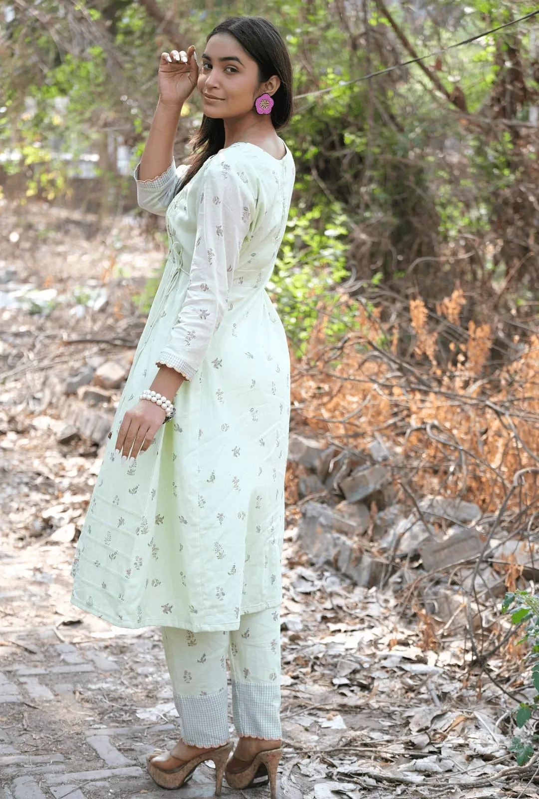 Green Women Hand Block Kurta Set