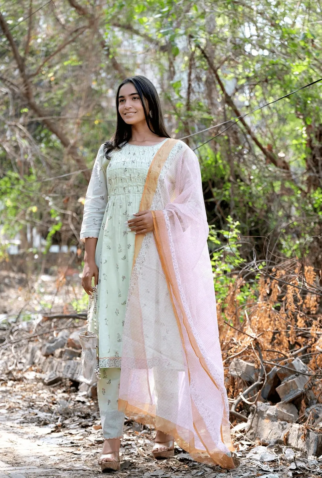 Green Women Hand Block Kurta Set