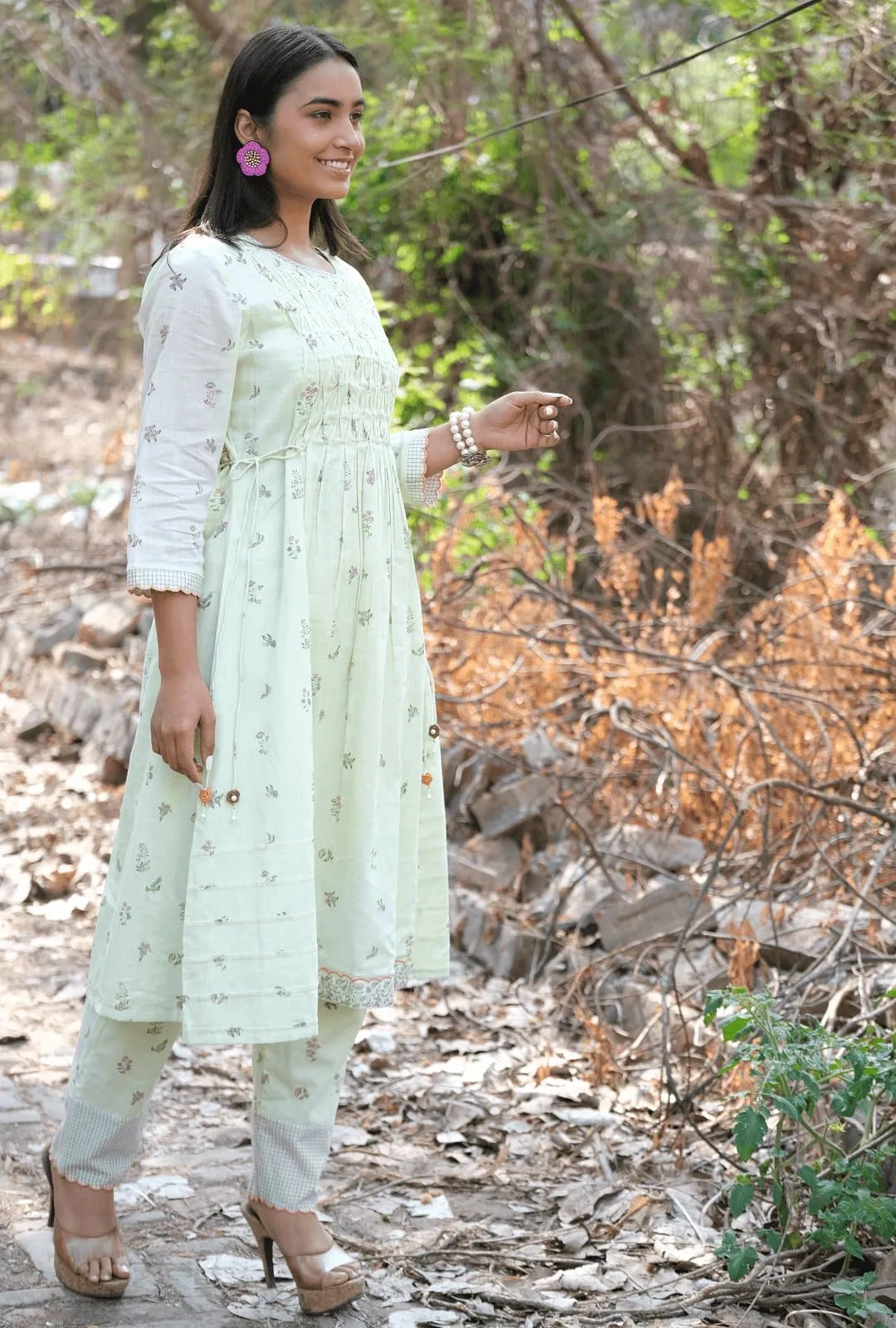 Green Women Hand Block Kurta Set
