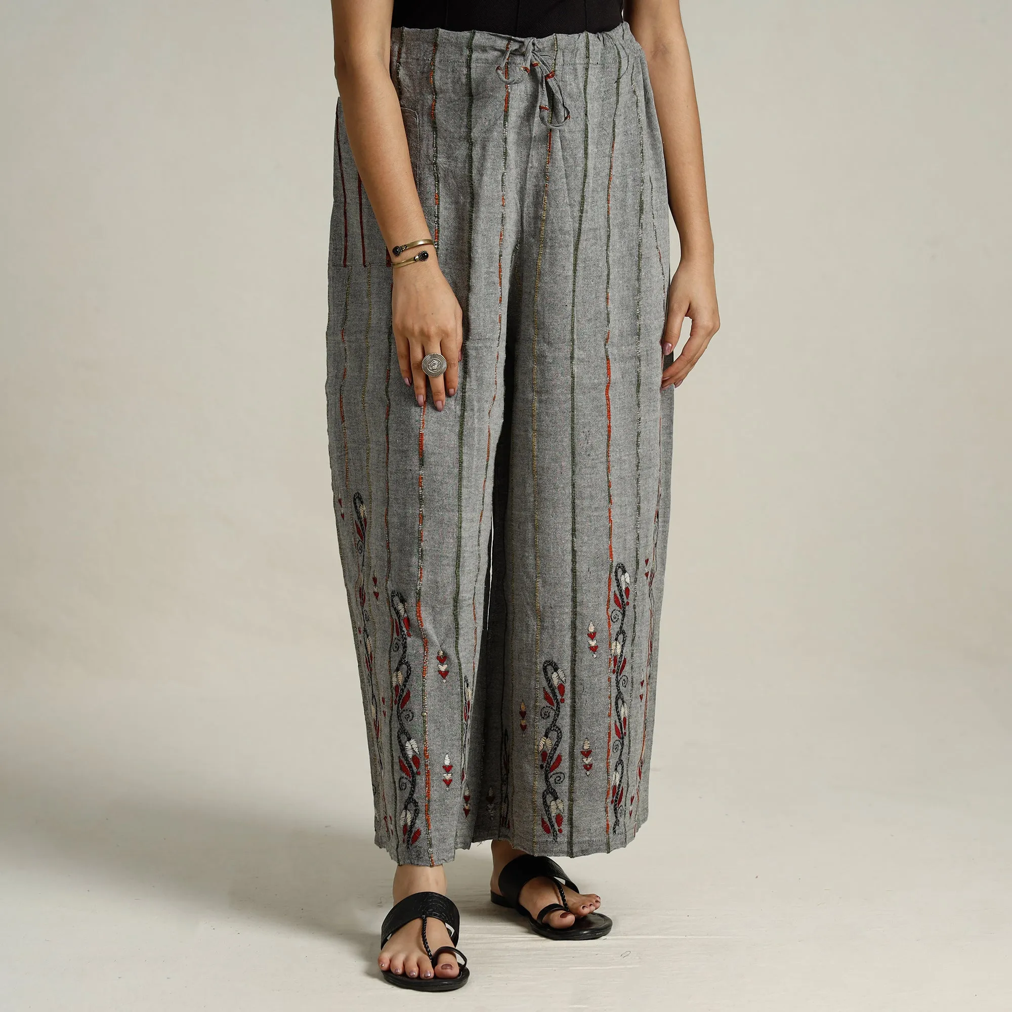 Grey - Bengal Khesh Weaving Kantha Embroidery Cotton Palazzo 54
