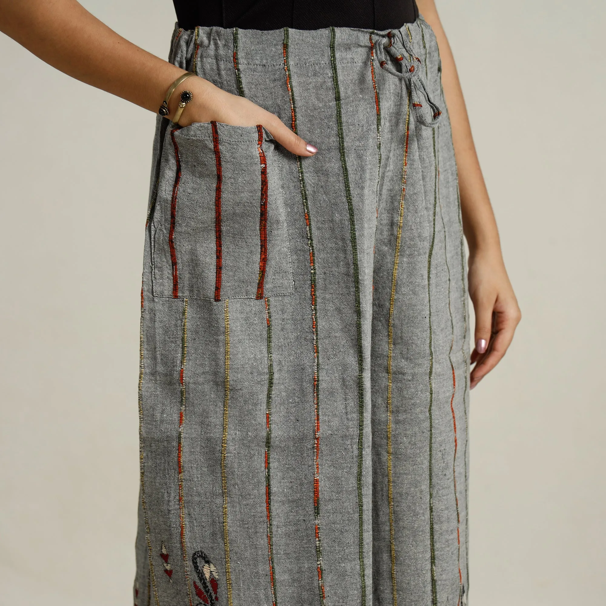Grey - Bengal Khesh Weaving Kantha Embroidery Cotton Palazzo 54
