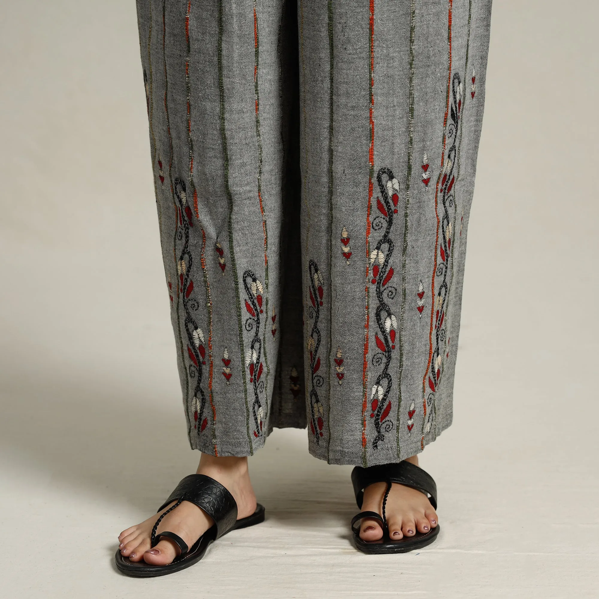 Grey - Bengal Khesh Weaving Kantha Embroidery Cotton Palazzo 54