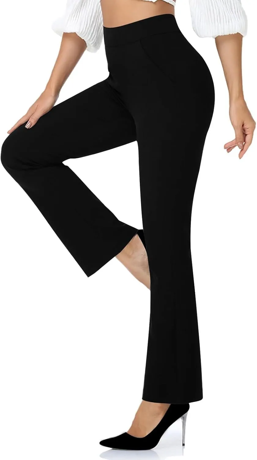 High Waisted Dress Pants for Women Bootcut Elastic Waist Pull On Work Slacks Stretchy Trousers Flared Yoga Leggings