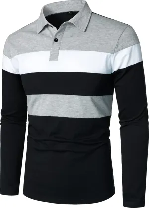 HOOD CREW Mens Long Sleeve Shirts Fashion Color Block Striped Polo Shirt