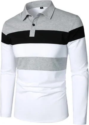 HOOD CREW Mens Long Sleeve Shirts Fashion Color Block Striped Polo Shirt