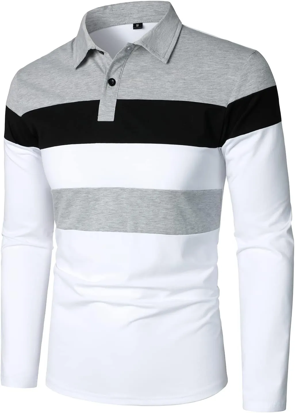 HOOD CREW Mens Long Sleeve Shirts Fashion Color Block Striped Polo Shirt