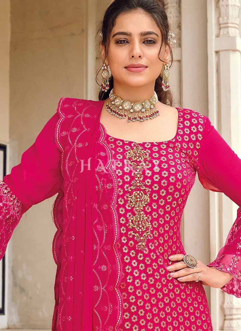 Hot Pink Embroidered Pakistani Pant Style Suit
