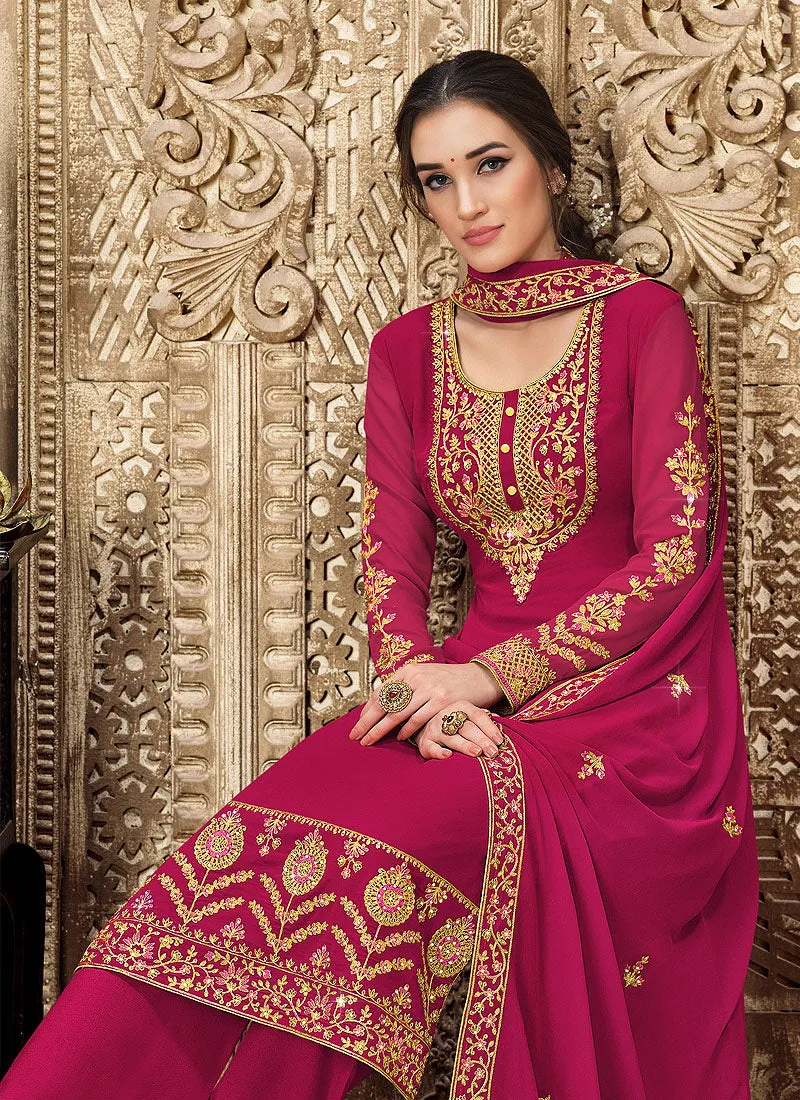 Hot Pink Traditional Embroidered Pant Style Suit